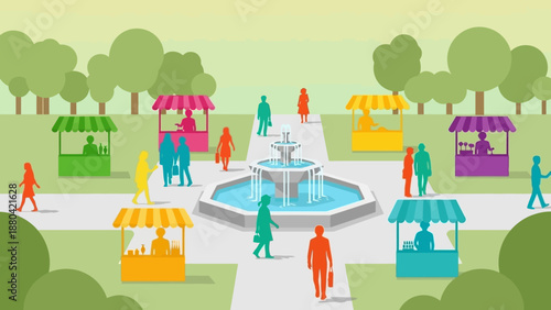 Vibrant outdoor market scene with colorful stalls and people.