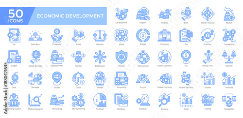 Economic Development collection set. Development, Finance ,World Financial, Global Economy, Transaction, Growth, Increase , Market Research, Strategy, icon. Simple Blue vector illustration