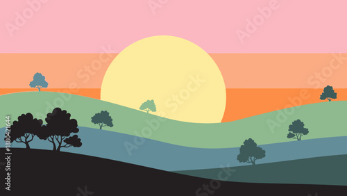 Serene landscape with rolling hills and trees at sunset.