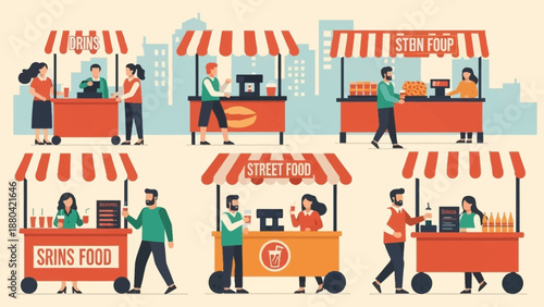 Vibrant Street Food Vendors in Urban Setting.