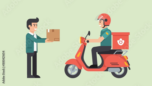 Delivery man handing over a package to a customer on a scooter.