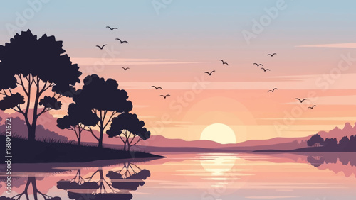 Serene lake scene at sunset with silhouetted trees and boats.