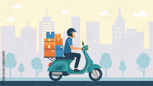Delivery man riding a scooter with packages in the city.