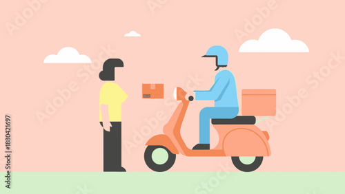 Delivery person handing over a package to a customer on a scooter.