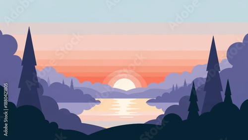 Serene landscape with a lake at sunset surrounded by mountains and trees.