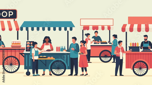 Vibrant Street Food Market Scene with Colorful Carts and Happy Customers.