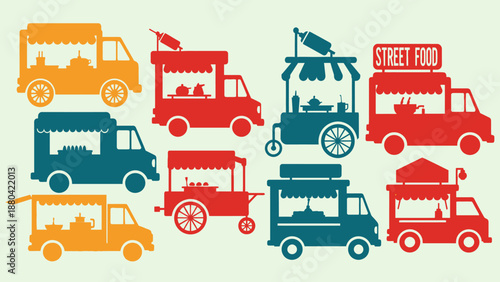 Colorful illustration of various street food trucks and carts.