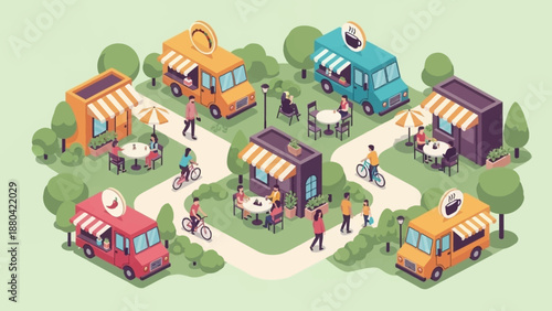 Vibrant Outdoor Market Scene with Food Trucks and Shoppers.