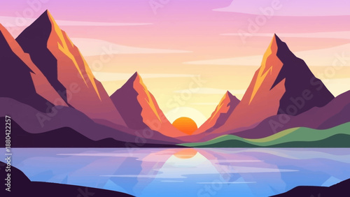 Serene mountain landscape with lake at sunset.