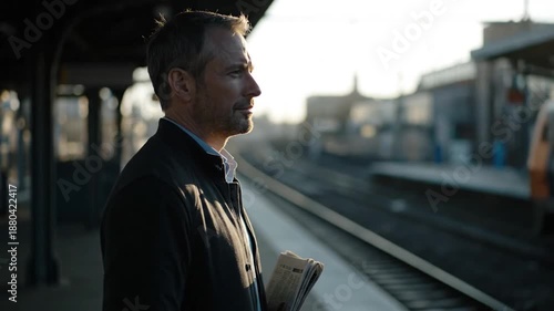 Man reading newspaper on train platform in contemplative mood with warm morning light on urban railway station for travel