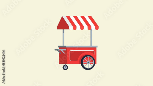 Red food cart with striped awning and wheels on a beige background.