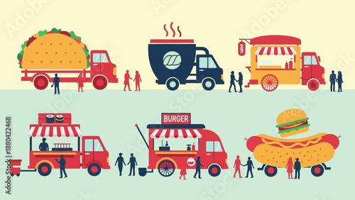 Colorful illustration of various food trucks and customers.