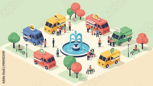 Isometric illustration of a vibrant city square with vehicles and pedestrians.