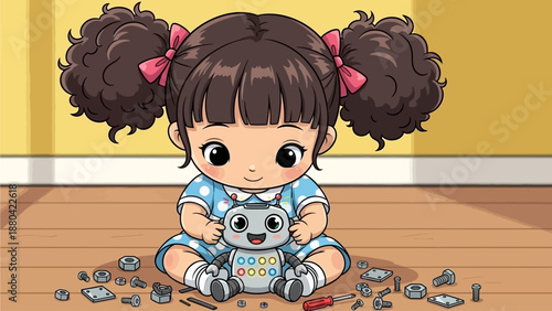 Little girl building a cute robot toy