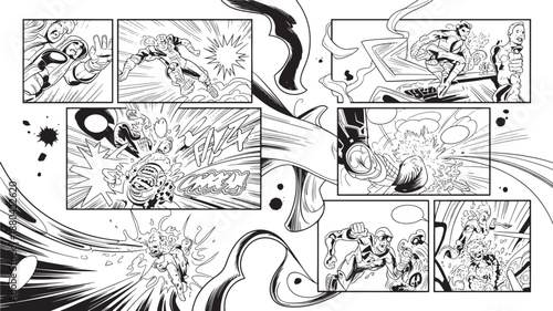 Comic book panels in dynamic black and white illustration with abstract splashes for graphic novel