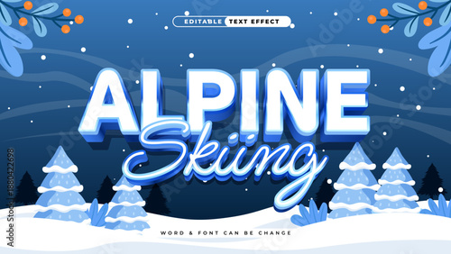 Stylish Alpine Skiing Themed Editable Text Effect Graphic with Snowy Winter Landscape and Evergreen Trees