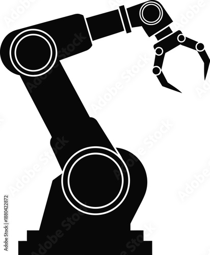 Stylized black silhouette icon representing an industrial robotic arm mechanism with a gripping claw poised for manufacturing automation tasks against a plain white background emphasizing machinery.