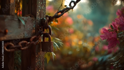 Rusty padlock and chain securing a wooden fence or gate with foliage and flowers field. Rusty lock, gate with lock. Rusted padlock and chain securing an old wooden post or gate. 