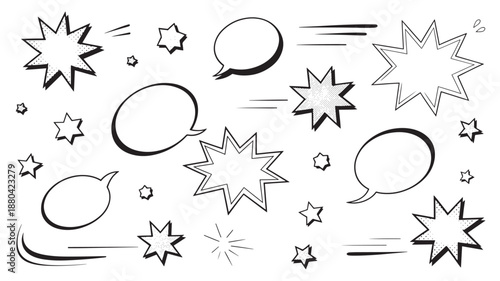 Comic Speech Bubbles and Stars in Black and White Cartoon Style with Dynamic Lines for Graphic Design