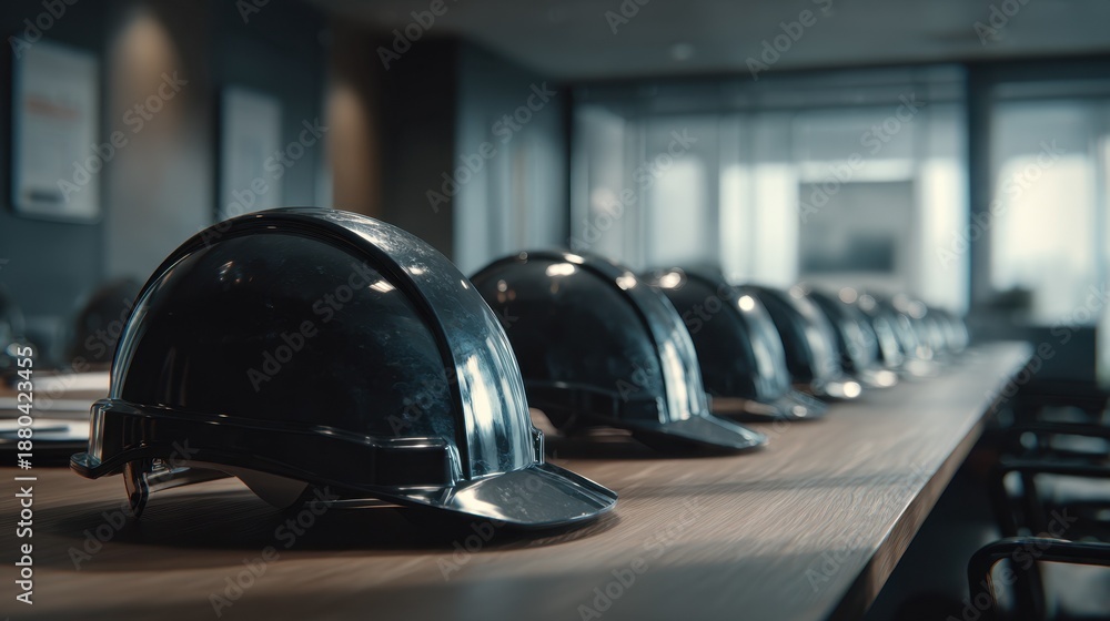 Fototapeta premium Safety helmets lined up on a table in a conference room during a workplace meeting about safety protocols and procedures