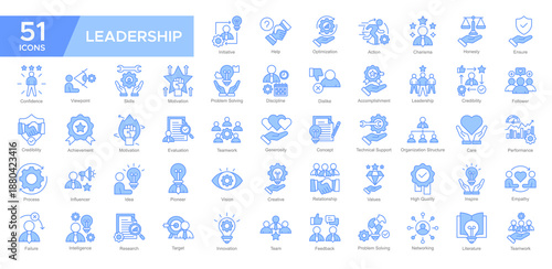 Leadership collection set. Initiative, Optimization ,Skills, Problem Solving, Leadership, Credibility , Performance, Tchnical Support, icon. Simple Blue vector illustration