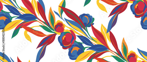 Playful Floral Pattern with Vibrant Blue Flowers, Lush Green Leaves, and Curved Stems in a Repeating Graphic Design on White Canvases Creating Movement and Textural Energy