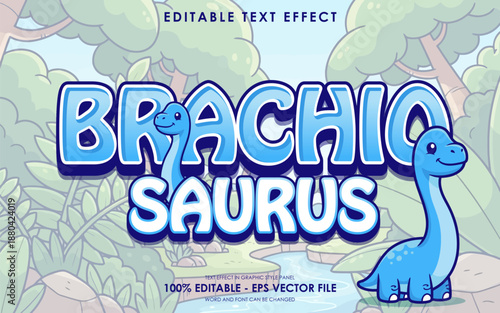 A cute blue Brachiosaurus dinosaur with a playful expression, set against a lush green jungle background with editable text effect.