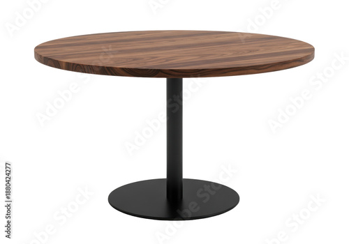 A polished dark walnut wood bistro table with visible intricate grain and a matte black pedestal base, centered against a transparent cyclorama, sophisticated commercial design showcase