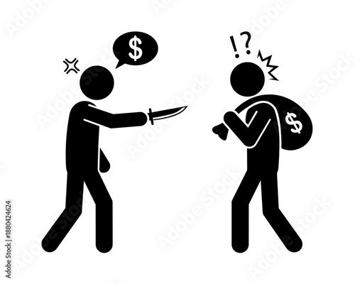 Stickman Robber Threatening Victim with Knife Icon Silhouette.