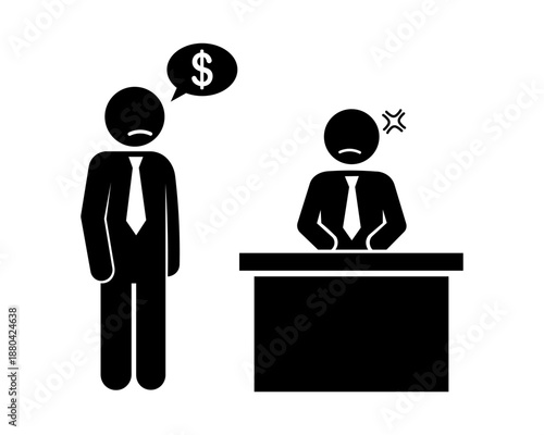 Employee Requesting Salary from Employer Stickman Icon.