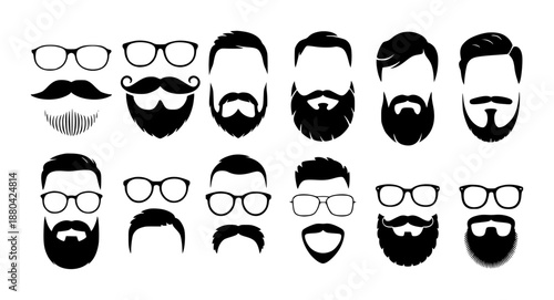 Collection of black silhouette hipster beards mustaches and glasses white background