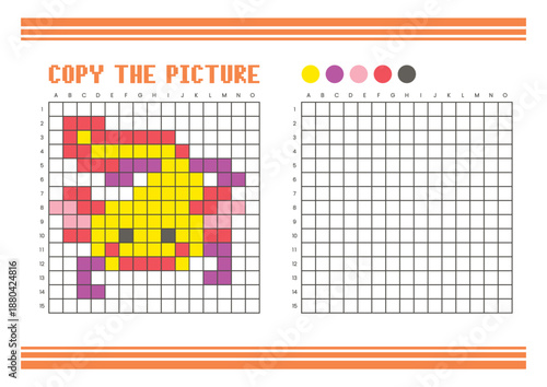 Copy the picture grid drawing worksheet for kids. Pixel art axolotl