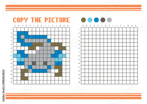 Copy the picture grid drawing worksheet for kids. Pixel art axolotl
