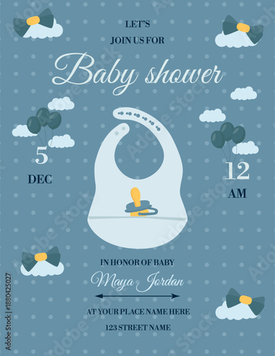 Invitations to a children's party for a newborn boy with clouds, a pacifier and a bib.  A children's party in honor of the boy's birthday