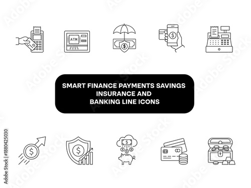 Smart finance payments savings insurance and banking line icons collection icon with editable stroke.