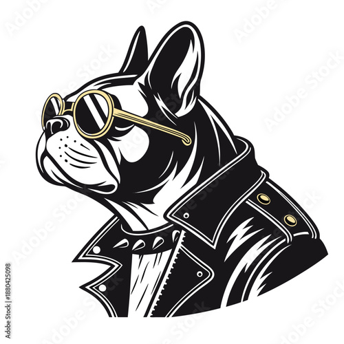Cool French Bulldog wearing leather biker jacket and sunglasses; hand drawn vector illustration of a stylish punk rock frenchie dog.