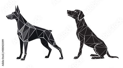 Geometric Polygonal Dog Vector Illustrations Doberman and Pointer Silhouette Set Low Poly Abstract Canine Art Standing Doberman and Sitting Dog Graphic Design.