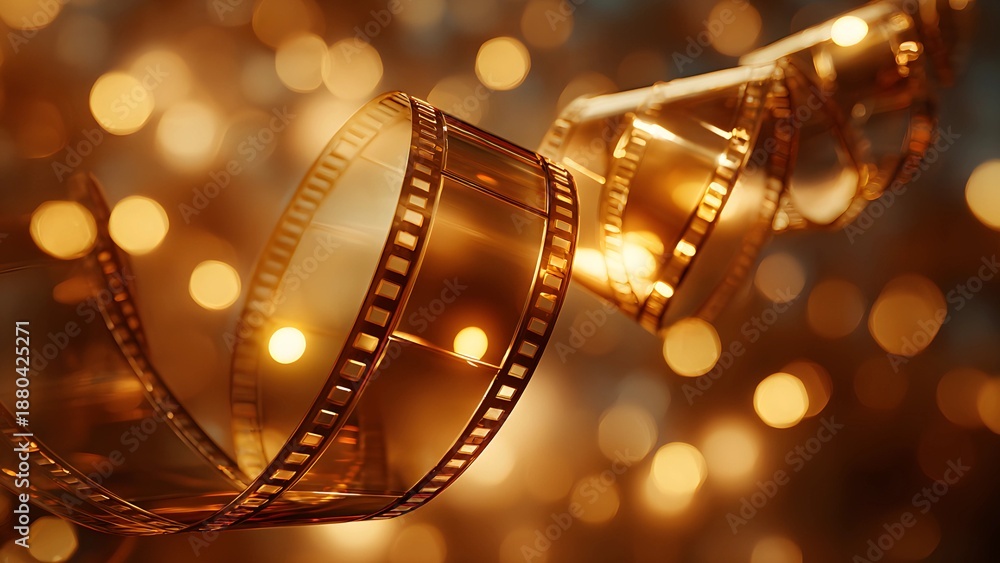 Obraz premium Shimmering glowing golden film strip or reel for cinema, creativity, or cinematic achievements. Movie background film strip with a golden hue, bokeh lighting. Yellow digital film festivals cinematic