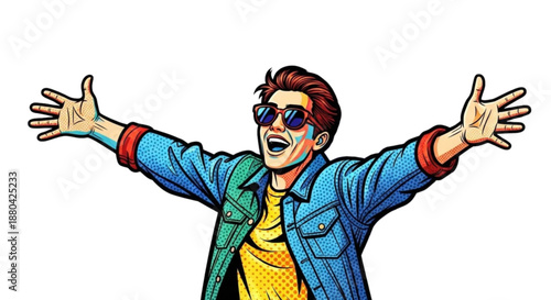Enthusiastic young man with open arms wearing sunglasses and denim jacket  