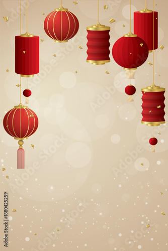 3D red paper lanterns Chinese style with golden confetti on soft bokeh on blurred beige color background have blank space.
