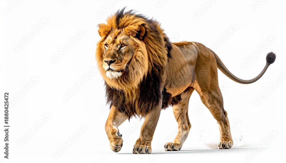 Obraz premium Male lion with dark mane walking left on white background—majestic strength in motion and solitude.