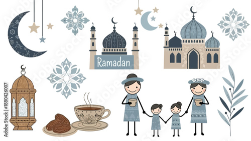 A collection of Ramadan-themed illustrations featuring mosques, crescent moons, a family, and traditional elements for Islamic celebrations.