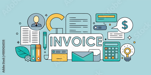 Professional invoice logo with modern design and rounded letters, surrounded by business icons.