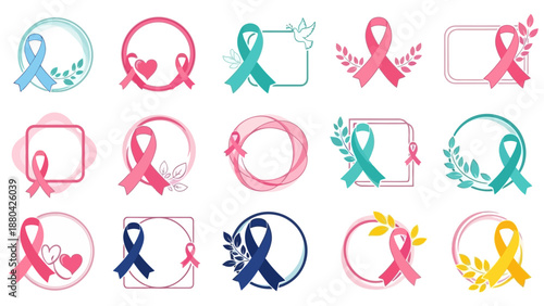 Collection of colorful awareness ribbons in decorative frames and borders, symbolizing various health and social causes.