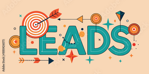 Eye-catching leads logo with rounded letters transforming into vibrant targets and arrows, conveying business success and marketing goals