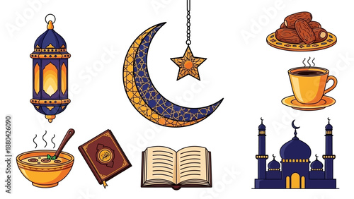 Ramadan and Eid Mubarak themed vector illustration set featuring mosque, lantern, crescent moon, dates, coffee, soup, and Quran.