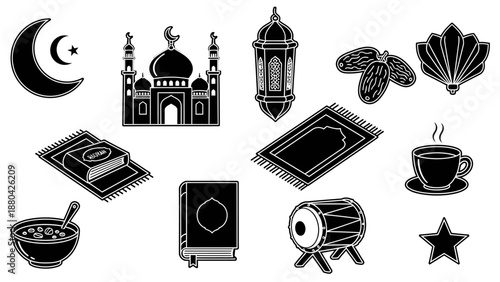 A collection of black and white icons representing Islamic culture and religious symbols, including a mosque, crescent moon, Quran, prayer mats, dates, and traditional items.