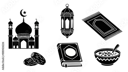 Black and white vector icons representing Islamic culture and Ramadan traditions, including a mosque, lantern, prayer mat, dates, Quran, and a bowl of food.