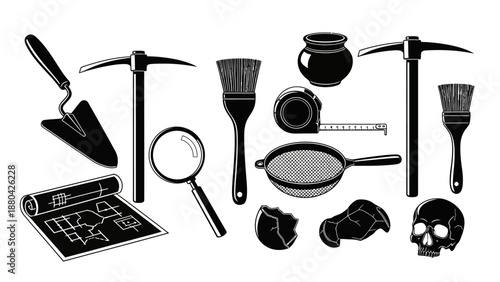 A collection of archaeological tools and artifacts including shovels, pickaxes, brushes, a magnifying glass, pottery, and a skull, rendered in a black and white illustration style.