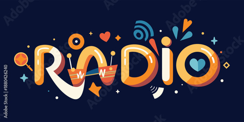 A lively radio logo featuring rounded letters and playful symbols, perfect for a modern media brand or entertainment company.